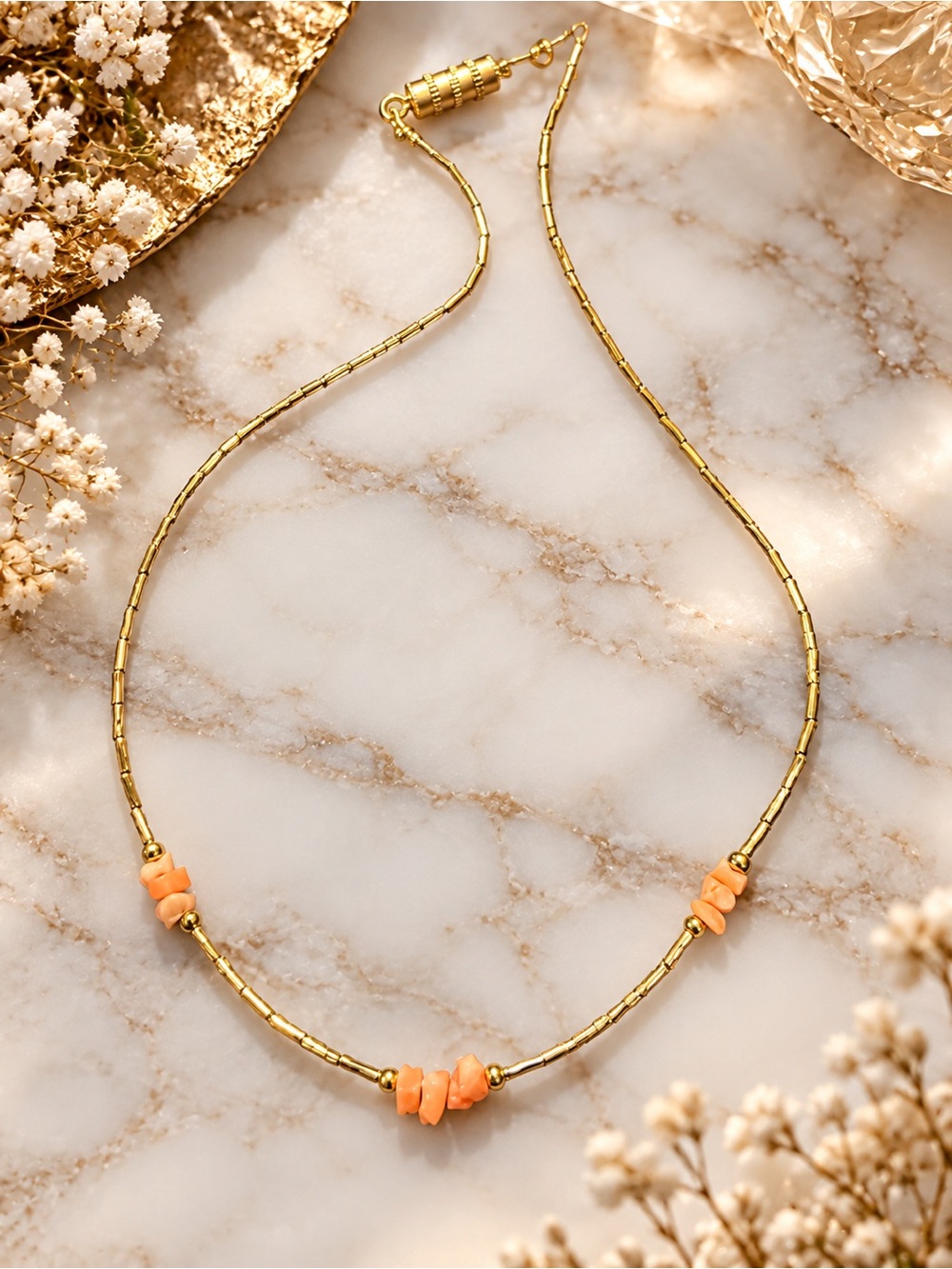 Source Unknown Gold-Tone Necklace with Peach Beads